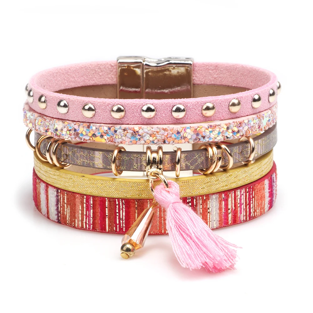 2019 Multilayer Leather Bracelet Women Tassel Charm Bohemian Wide Bracelets &amp Bangles For mujer armbanden voor vrouwen | Украшения и