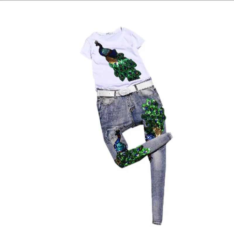 Женский брючный костюм из трех предметов хлопковая Футболка с блестками и