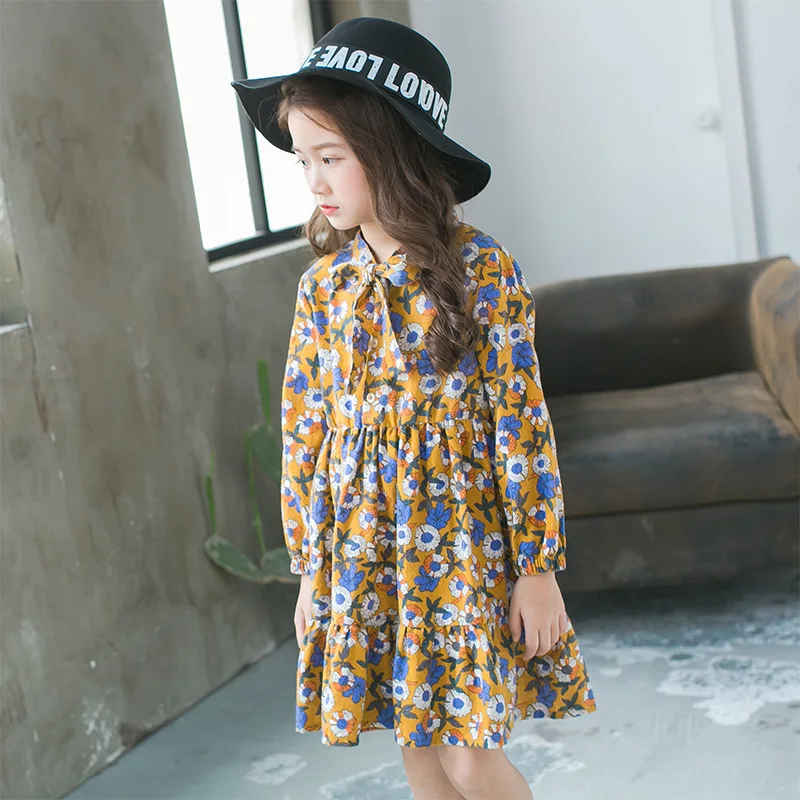 Весенние платья для больших девочек 2018 Хлопковое платье с цветочным принтом