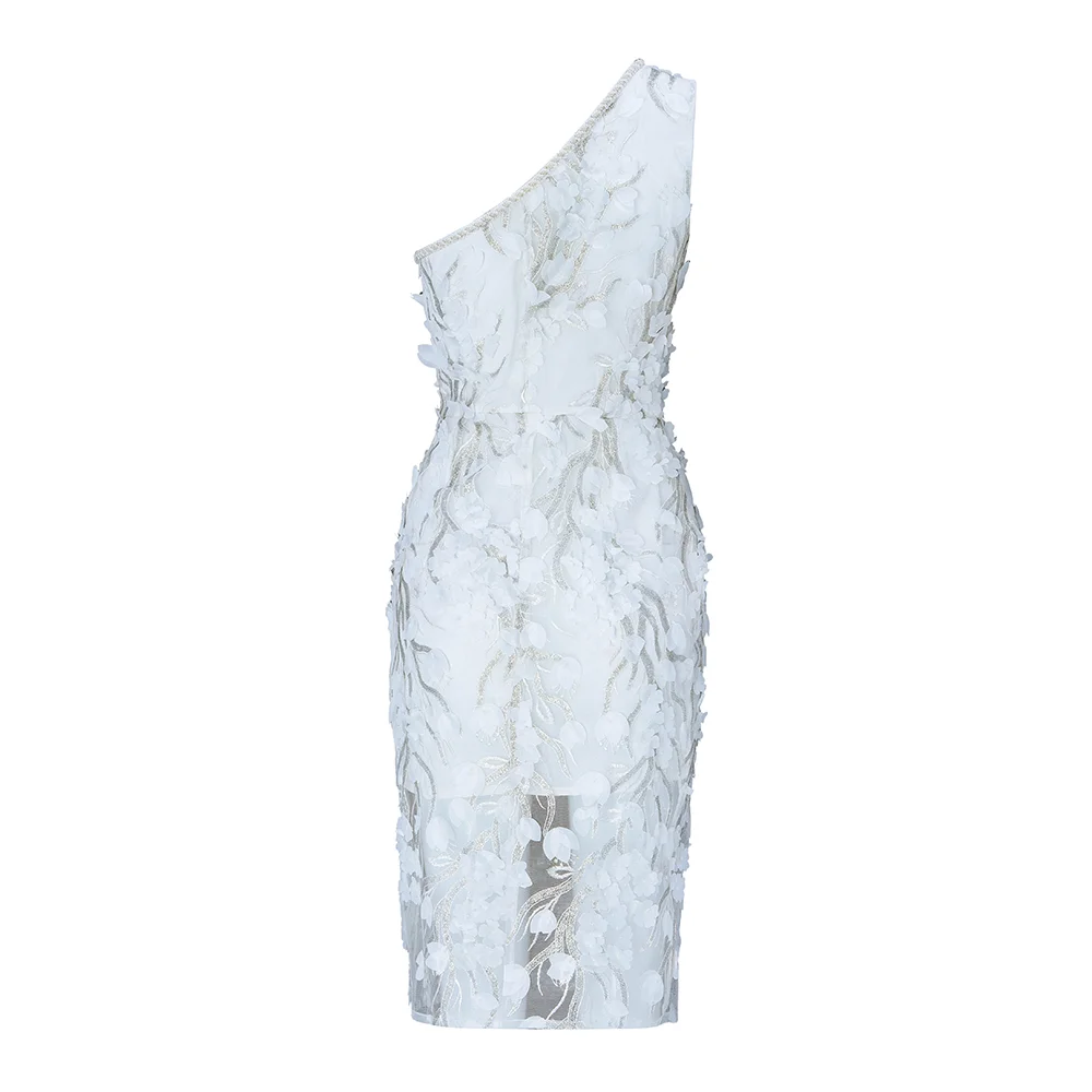 

High Quality Fashion One Shoulder Lace Flower Summer Dresses Casual Sleeveless Mini Bodycon Dress Sheath Sexy Women Dress T-6