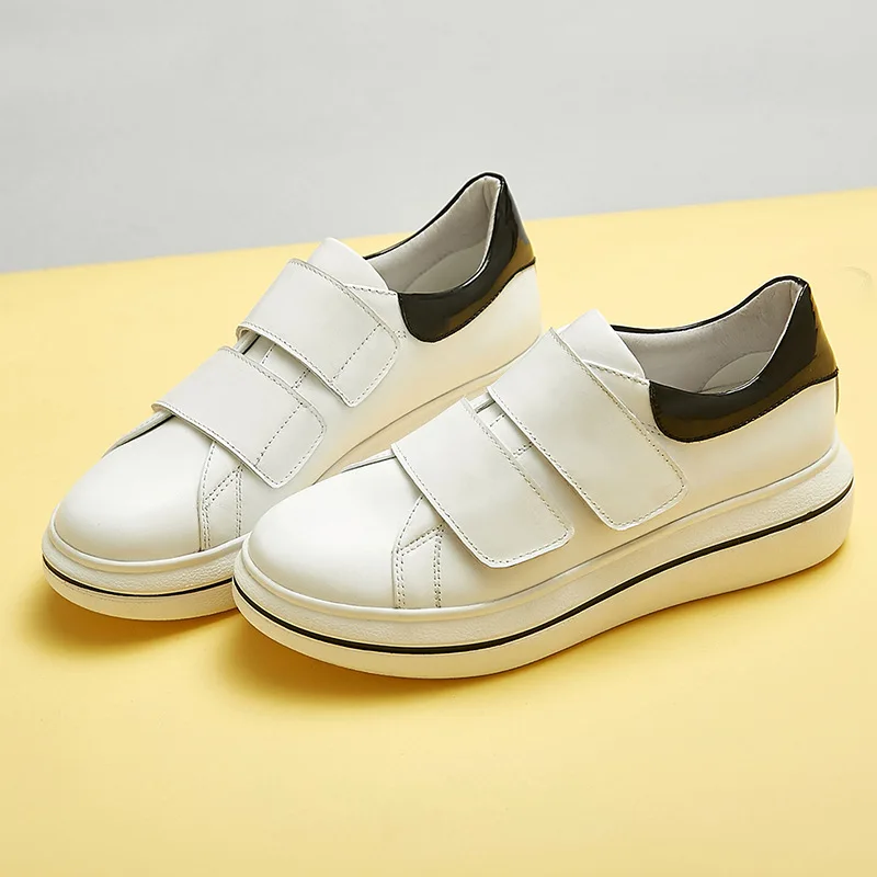 Платформа Кроссовки Женщины Hook &amp Loop Черный Белый Натуральная Кожа смешанный