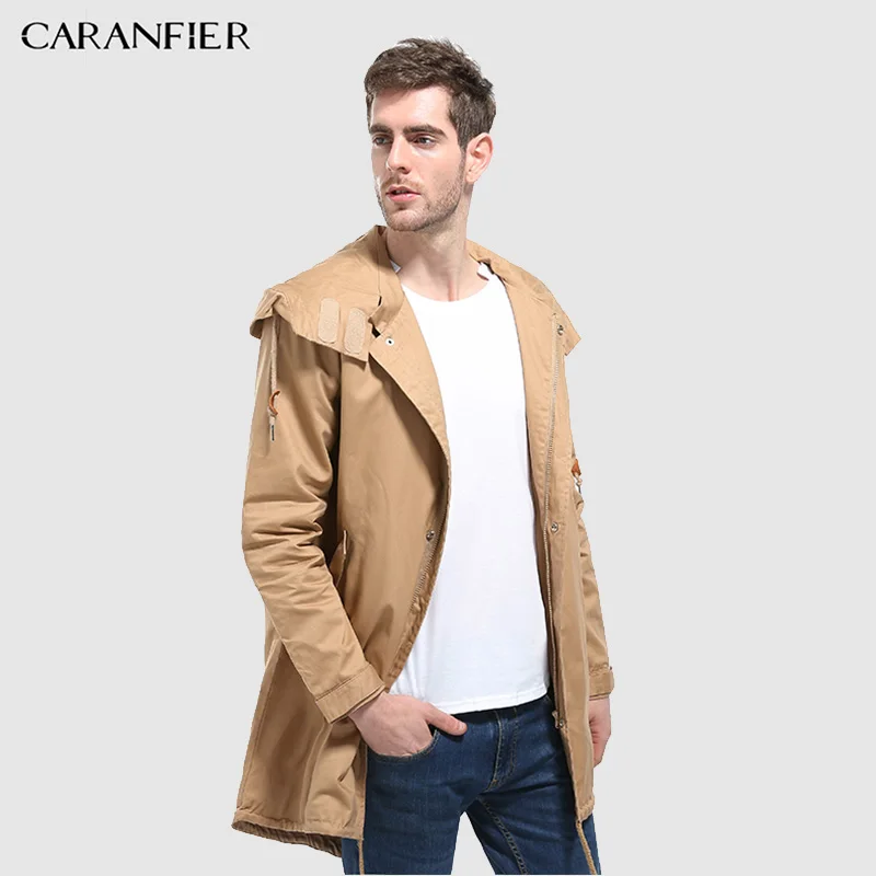 CARANFIER мужские толстовки с капюшоном мужские куртки, пальто Зимняя модная однотонная куртка Осенняя Повседневная Уличная Мужская Средняя/Длинная ветровка с шапкой