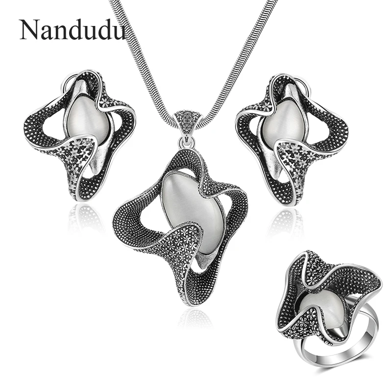 Nandudu Ретро стиль металл с опалом камень пентант ожерелье серьги кольца ювелирные