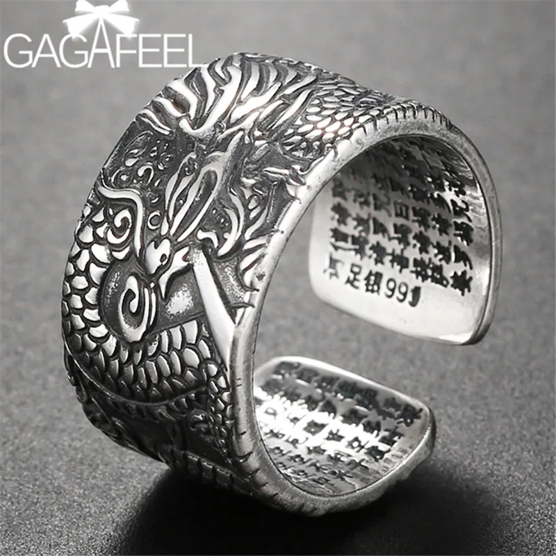 GAGAFEEL Настоящее 990 чистое серебряное ювелирное изделие буддистское сердце Сутра древний дракон кольца для мужчин Высокое качество винтажные серебряные кольца