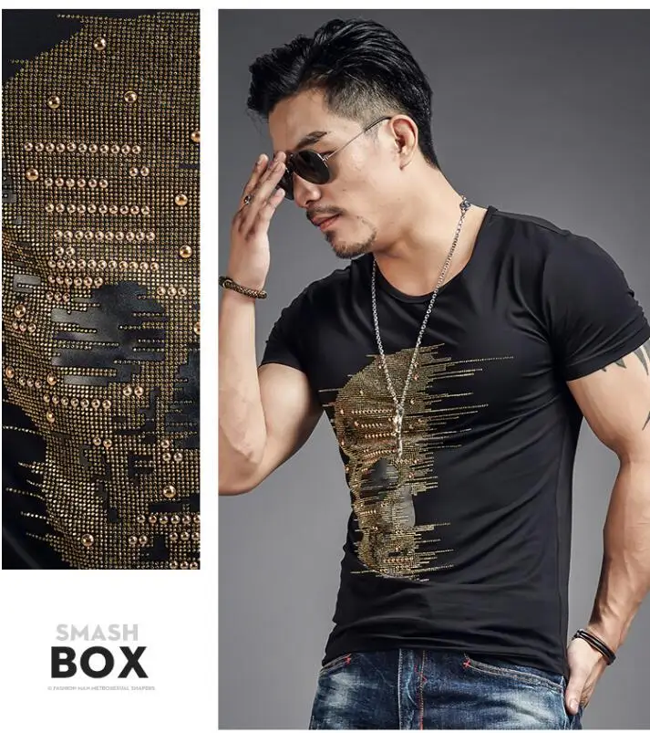 Men's short sleeve t-shirt modal skull drilling trend metrosexual man half | Мужская одежда