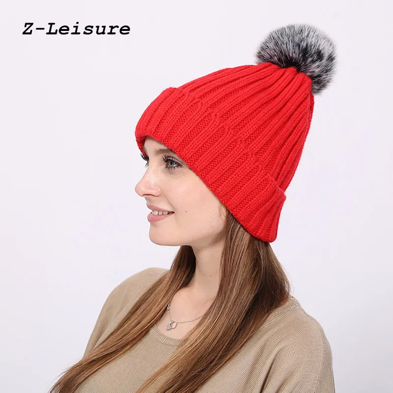 Для женщин трикотажные искусственного меха лисы Pom pom hat одноцветное Цвета