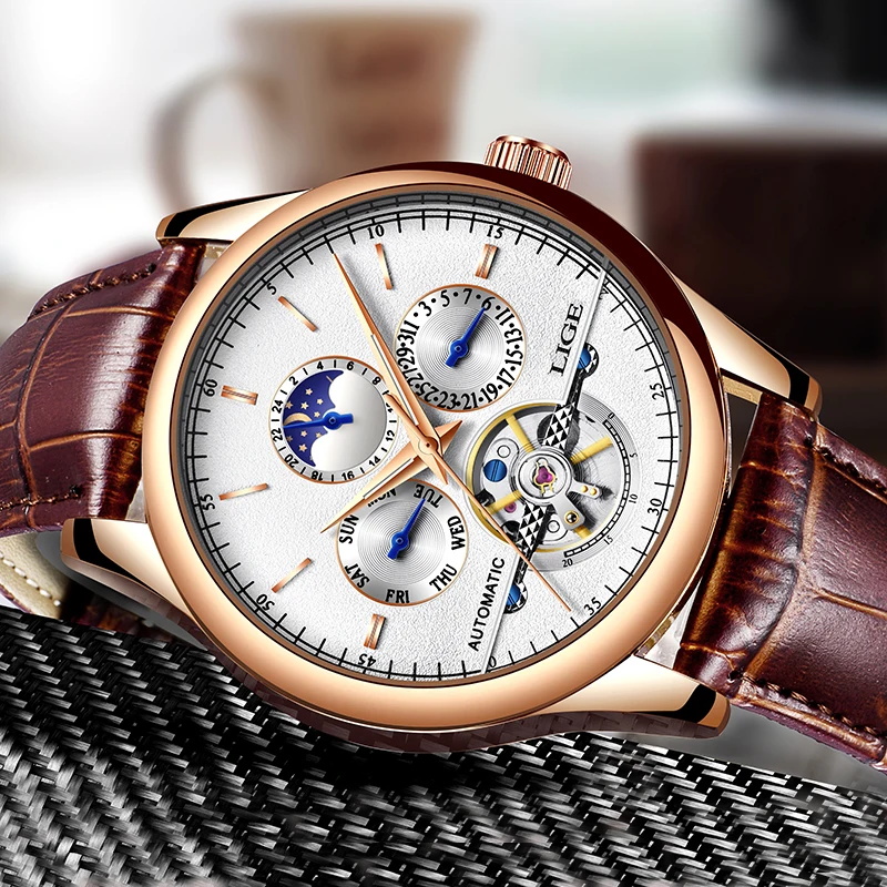 LIGE 2019 Топ бренд роскошные модные мужские кожаные часы Tourbillon автоматические