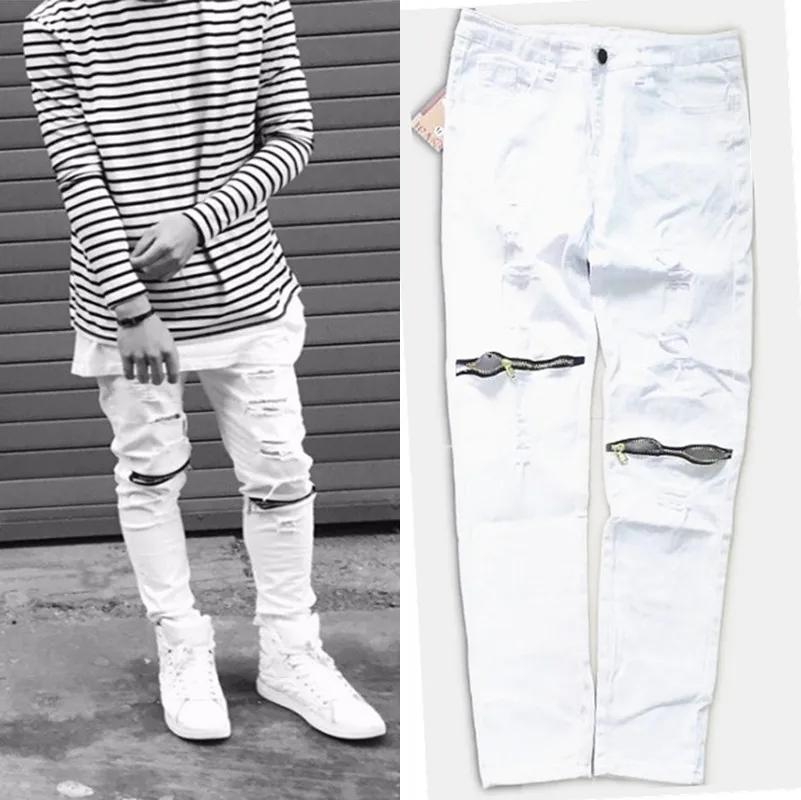 

2016 new ripped jeans for men skinny Distressed slim famous brand designer biker hip hop swag tyga white black jeans kanye west