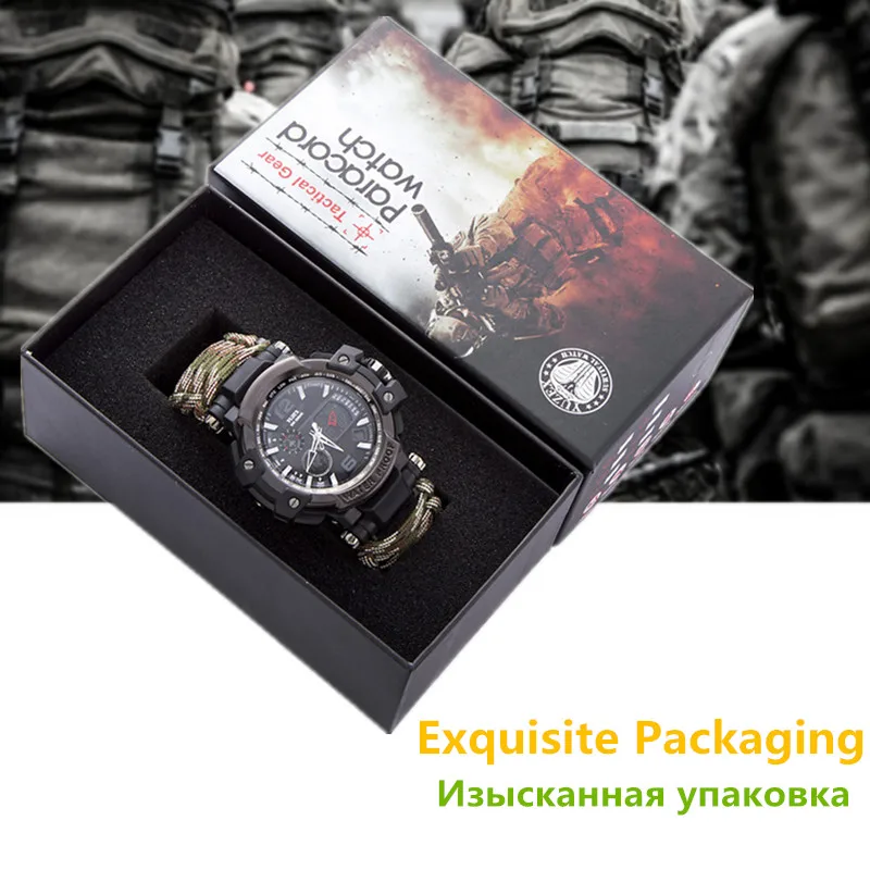 

Часы-браслет многофункциональные для мужчин и женщин, тактические наручные часы в стиле милитари для выживания, кемпинга, пешего туризма, водонепроницаемость 50 м