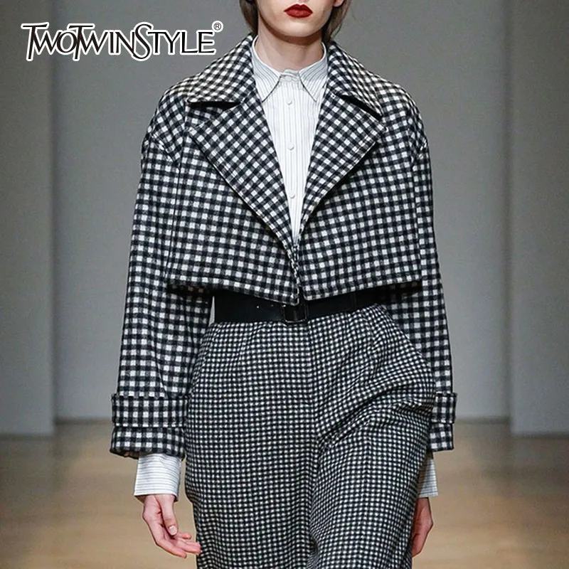TWOTWINSTYLE клетчатая Женская весенне осенняя куртка с отворотом длинными рукавами