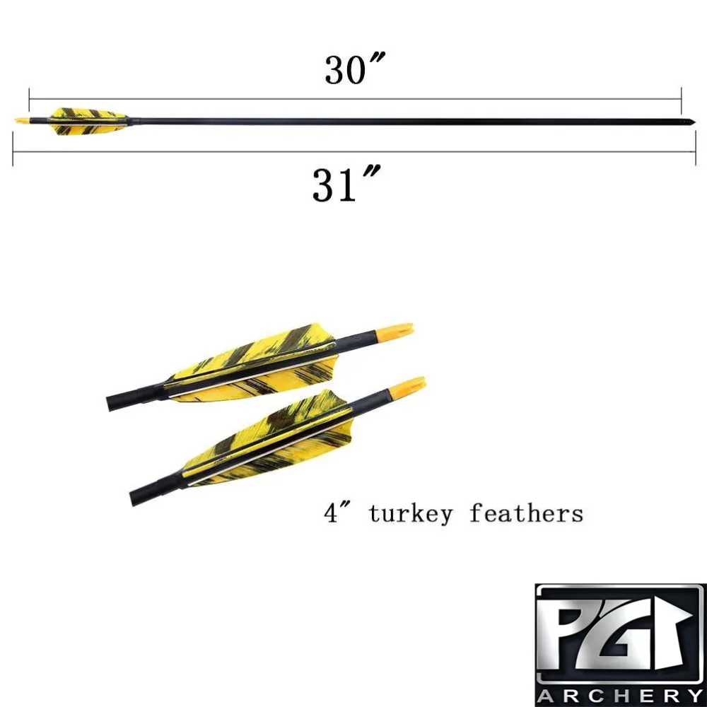 PG1ARCHERY желтый 30 дюймов карбоновые стрелы с 4 щит перья Fletching и съемные точки советы