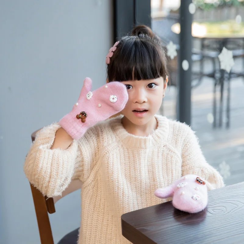 

2016 New Girls Winter Cute Knitted Gloves Warm Cartoon Donut Kids Rabbit Fur Wool Gloves for 4-10Yrs Children Christmas Gifts