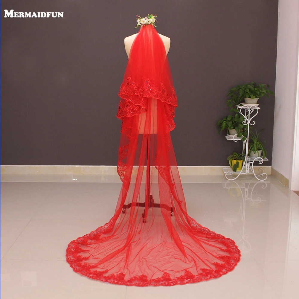 Реальные фотографии двухслойная кружевная красная свадебная вуаль с