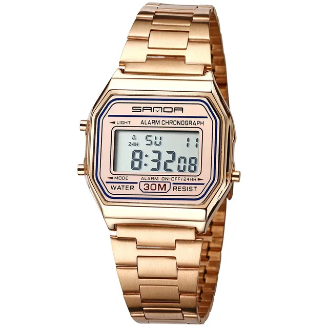 Rose Gold Мужские часы SANDA Топ бренд класса люкс светодиодный цифровые наручные часы полностью стальные водонепроницаемые золотые часы Relogio Masculino 405 - Цвет: Rose Gold