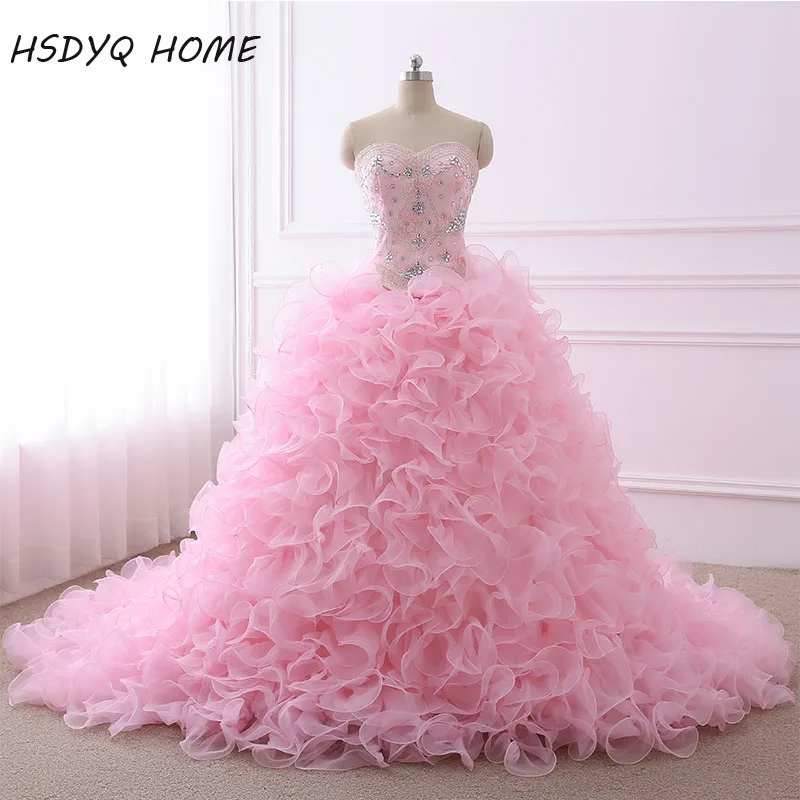 

Real Photo Quinceanera Dresses Ball Gown Sweetheart Organza Crystals Beaded Ruffles Pink Detachable Sweet 16 Pageant Dresses
