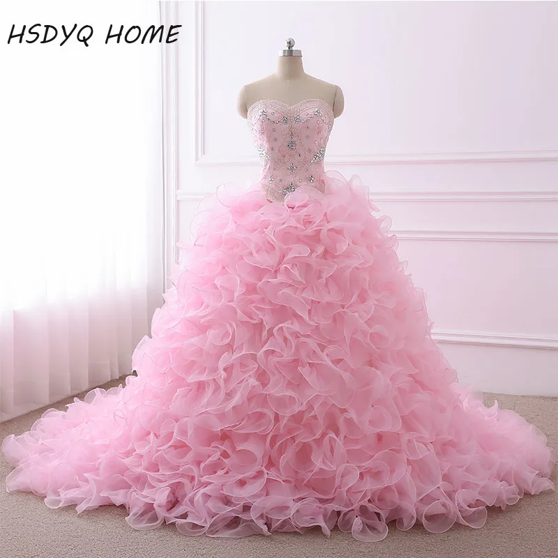 Реальное фото бальное платье Quinceanera милое розовое из органзы с бисером и оборками