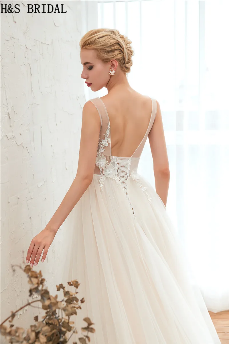 H&S BRIDAL V Neck boho wedding dress Lace Applique Wedding Gowns 2019 Beach Dress Backless Bridal vestido de noiva | Свадьбы и