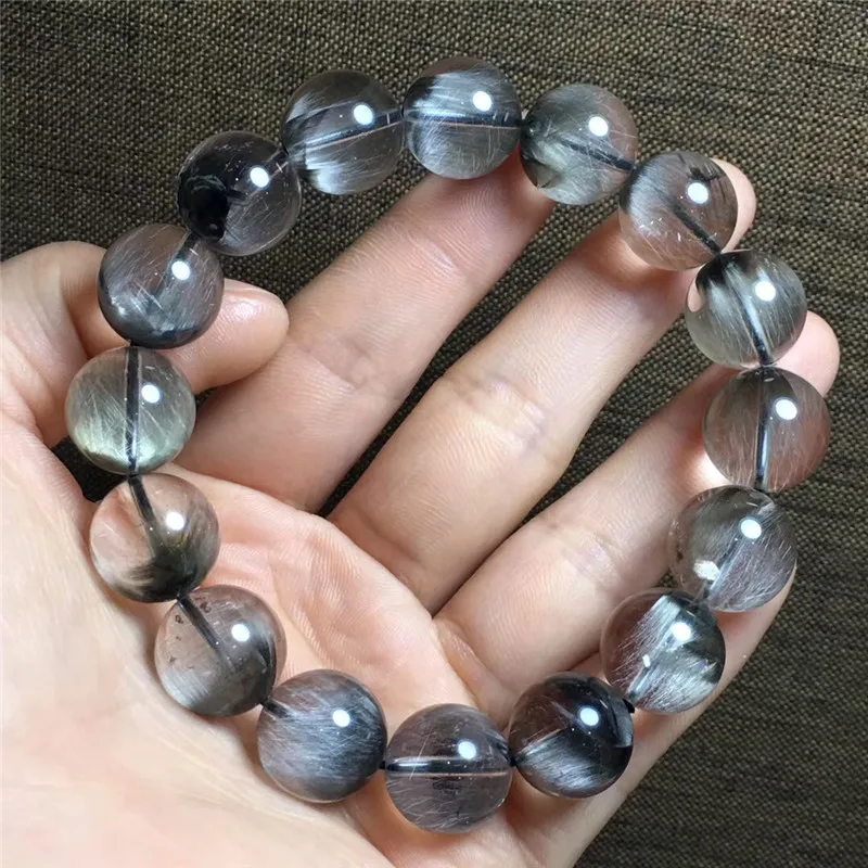 13mm Natural Brookite Platinum Silver Rutilated Quartz Crystal Bracelet Clear Round Beads Woman Man Lucky Gift Gemstone AAAAAA | Украшения