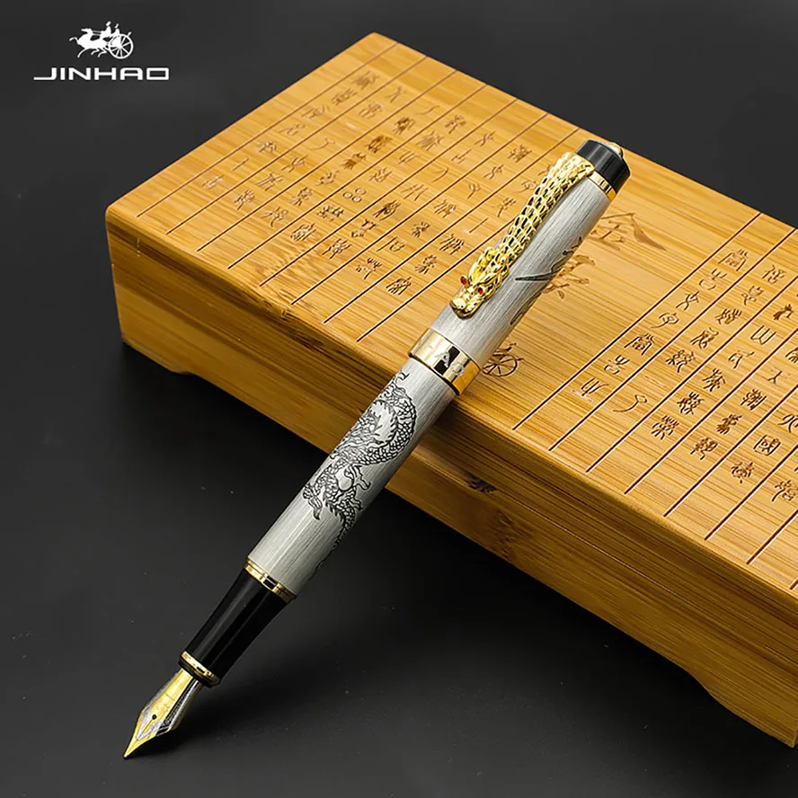 Silver-Gift box Высококачественная Роскошная Авторучка Jinhao Dragon, винтажная перьевая ручка 0,5 мм, перьевые чернильные ручки, подарочный набор в коробке, офисные принадлежности - Цвет: Silver-Gift box