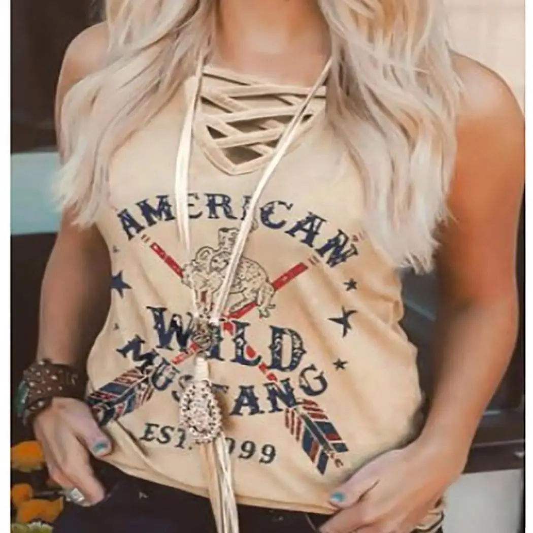 Женская мода с v-образным вырезом без рукавов буквенным принтом крест-накрест