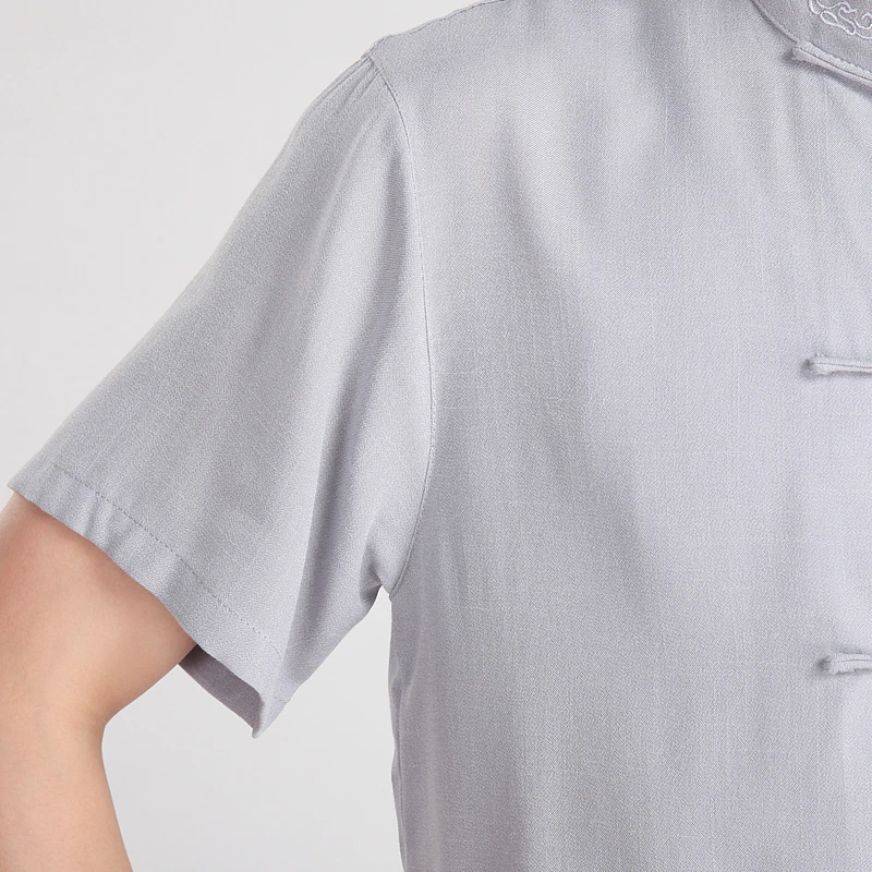 

Shanghai Story Chinese Traditional Kung Fu Tops Short Sleeve Tang Suit Shirt For Men Cotton Blend Shirt / Grey