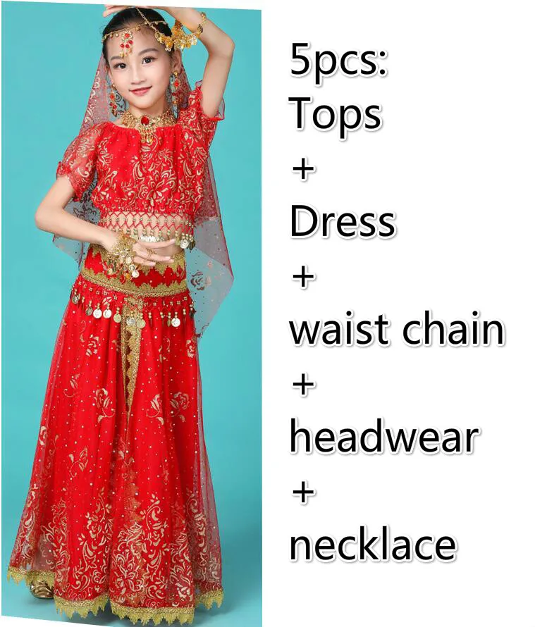 5pcs red Детские индийские костюмы для танца живота, египетские вечерние костюмы для выступлений, танцевальная одежда Для Болливуда, Восточный Костюм для Хеллоуина - Цвет: 5pcs red