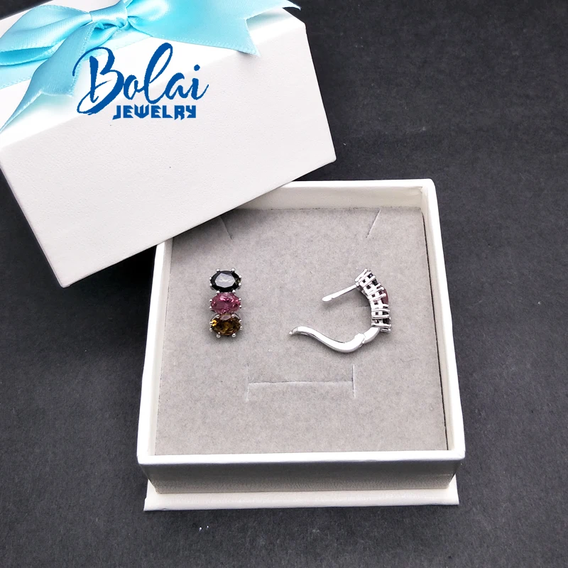 Bolaijewelry, натуральные разноцветные турмалины овальные 5*7 мм драгоценные камни застежка серьги 925 стерлингового серебра ювелирные изделия женщин подарочная коробка