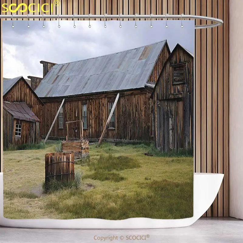 

Забавная занавеска для душа, Соединенные Штаты, Калифорния, старый амбар в загородном доме, американский Сельский вид, фиолетовый, серый, коричневый, оливковый, зеленый