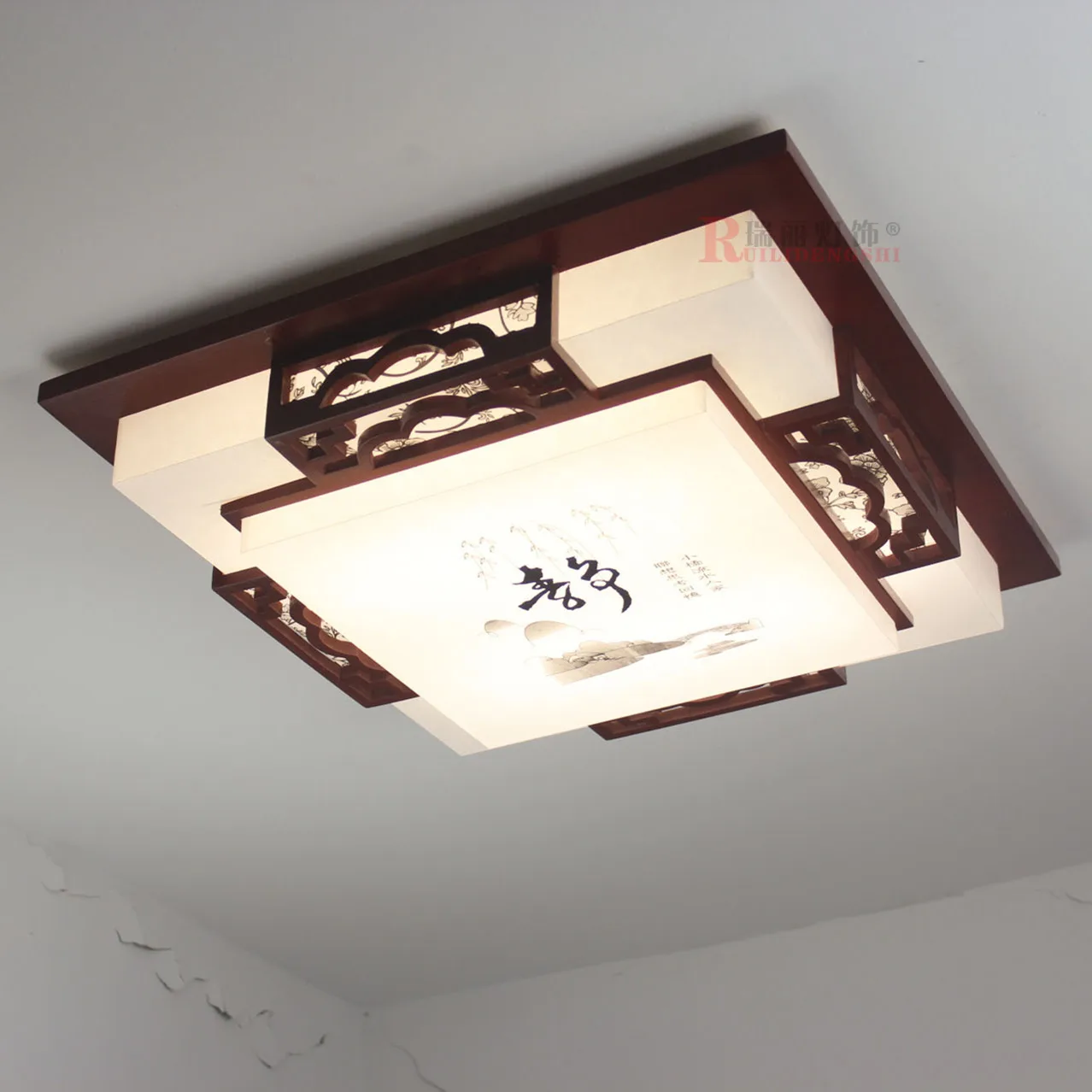 

Chinese style modern Brief solid wood square ceiling light energy saving sheep skin lamp living room bedroom light AC220V