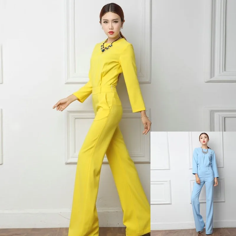 Women Spring Fashion Jumpsuits Full Length Wide Leg Pants Slim Female Bodysuit Women Yellow Bule Jumpsuits