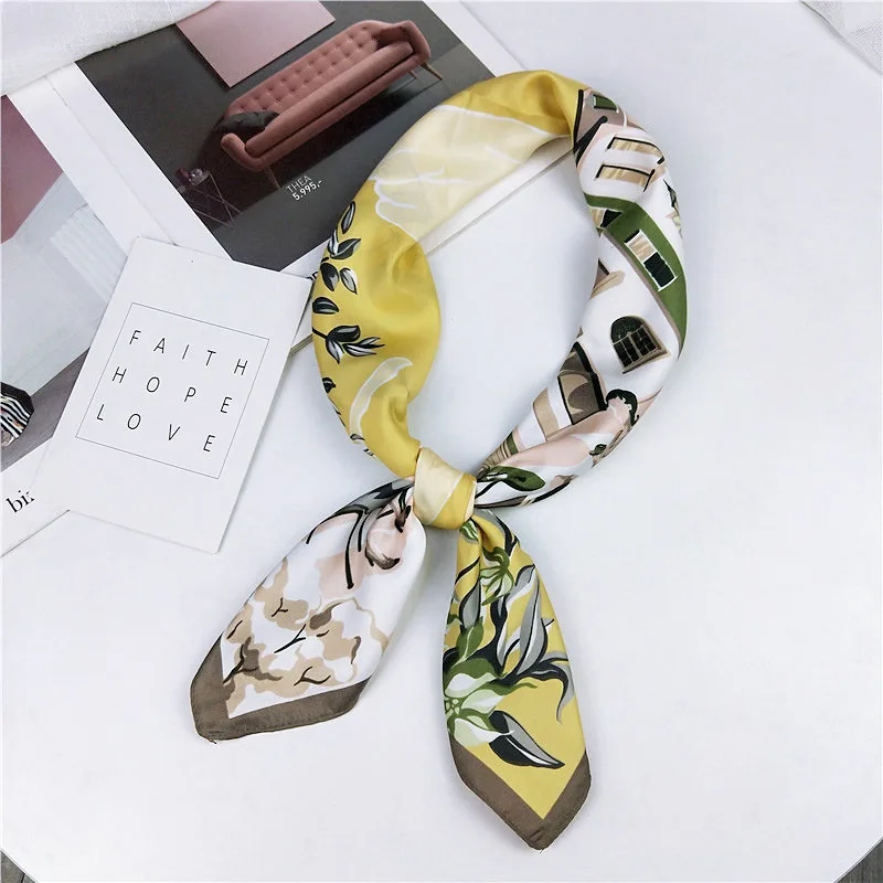 townyellow Шелковый шарф 70*70, новая мода, бант, цветочный принт, Женская шаль, атлас, маленькие квадраты, украшение на голову, шарфы - Цвет: townyellow