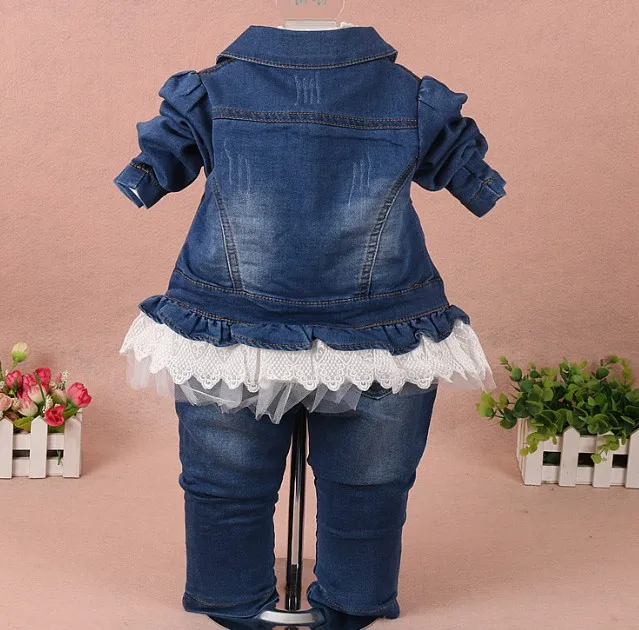 2017 г. новые весенние комплекты одежды для девочек кружевная джинсовая куртка с