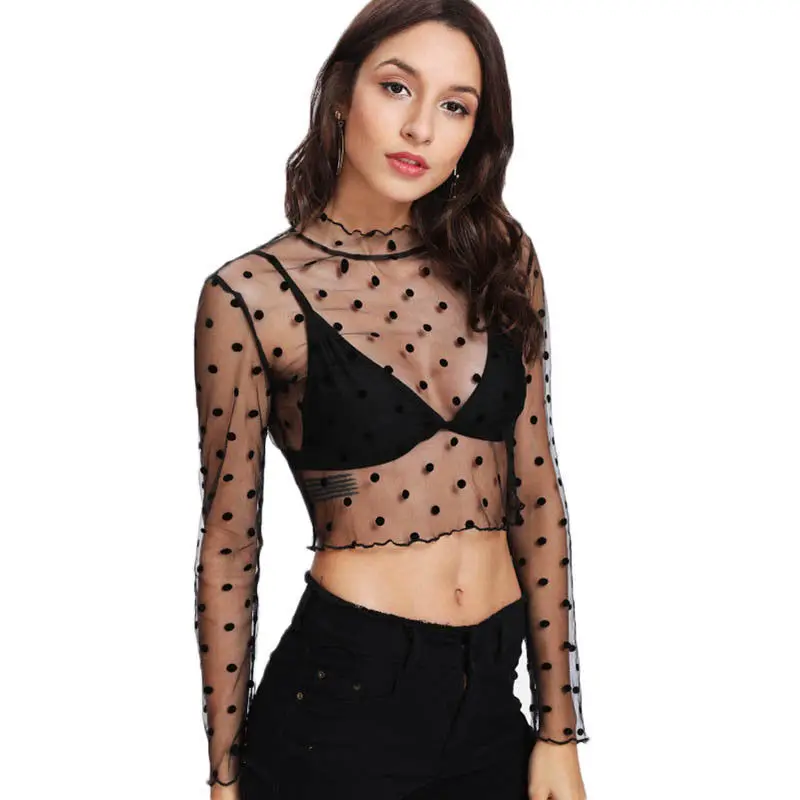 Женский сетчатый топ в горошек Черный Кружевной укороченный Прозрачный Топ с