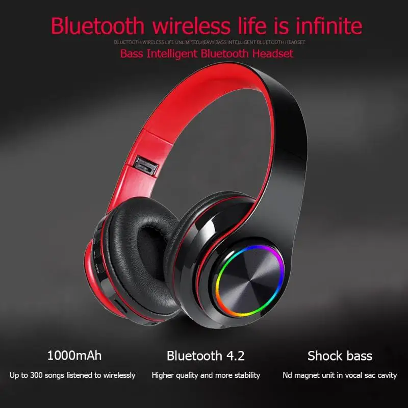 Светящаяся Беспроводная bluetooth-гарнитура, наушники с глубоким басом, спортивные стерео наушники с микрофоном, слотом для карт, Радужный СВЕТОДИОДНЫЙ модный наушник