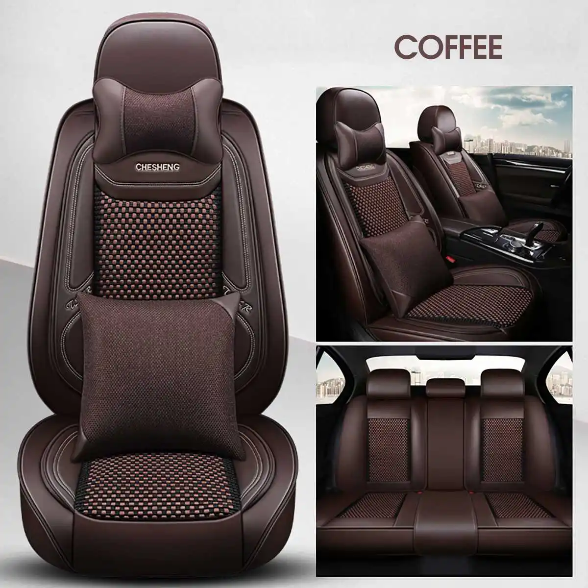 coffee Универсальный кожаный чехол для сиденья автомобиля летняя подушка для сиденья дышащий ледяной шелк гоночная Автомобильная подушка подголовники поясные подушки - Название цвета: coffee