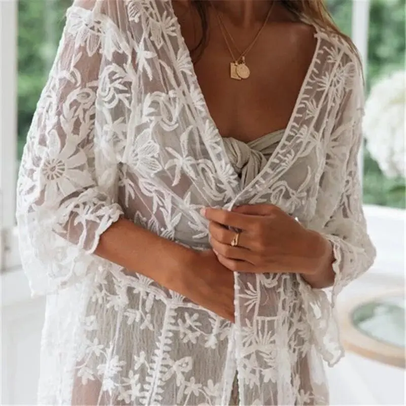 Женский кружевной кардиган с цветочным узором Пляжное длинное открытое