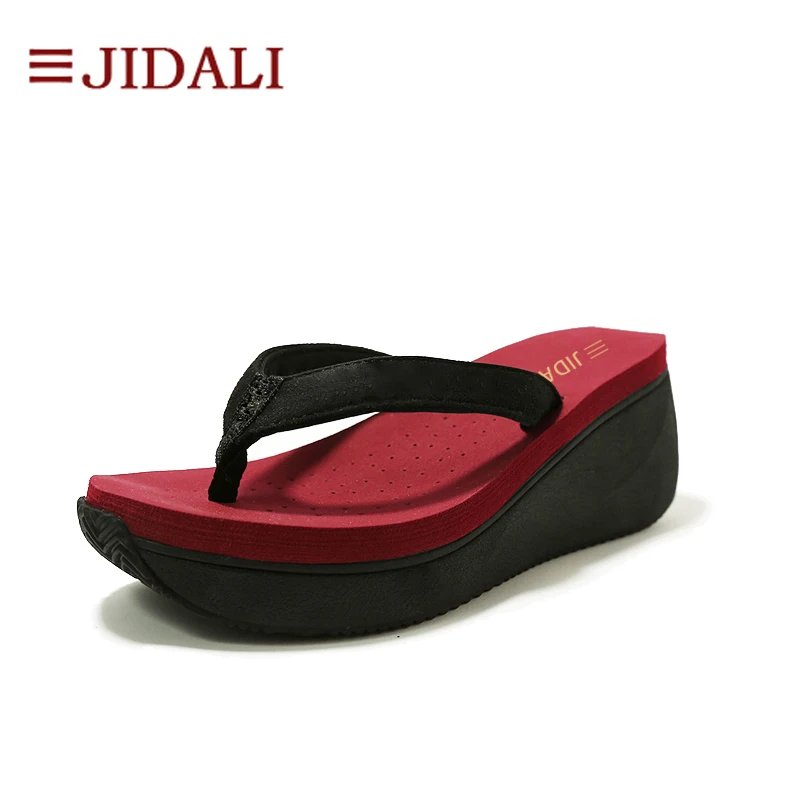 JIDALI/Модная женская летняя обувь; женские вьетнамки на платформе и высоком каблуке 7 см; удобные спортивные сандалии из ЭВА на танкетке; Размеры 35-39 - Цвет: Red