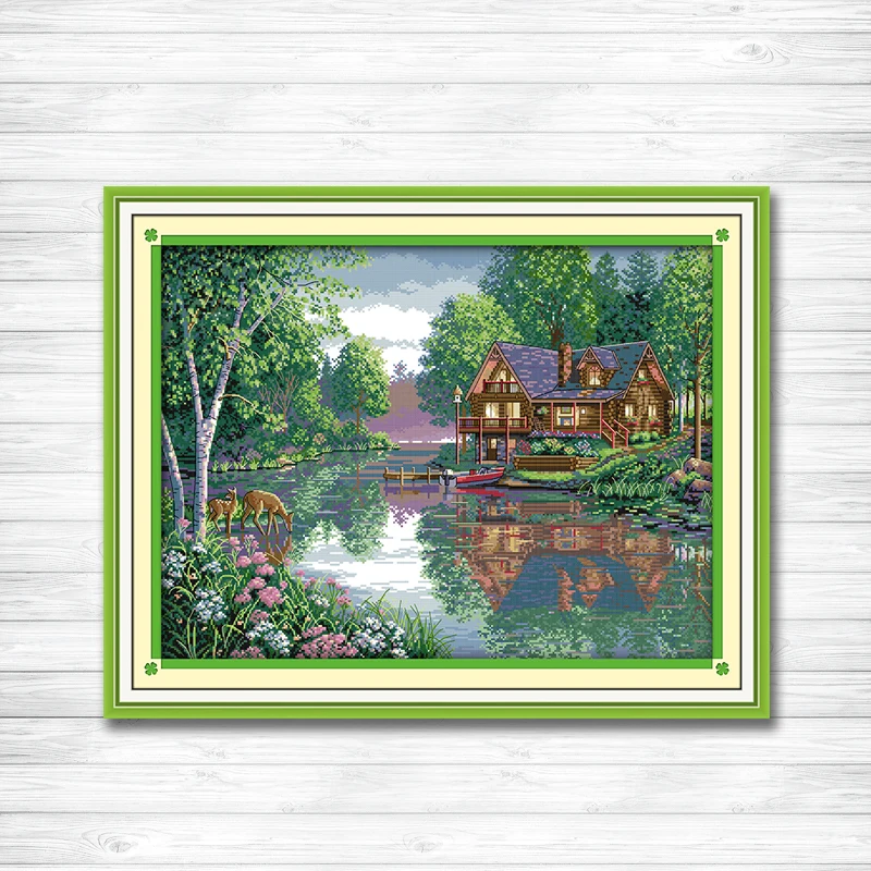 Leisure hut riverside cabin home Scenery Counted print on canvas DMC 14CT 11CT DMS Cross Stitch Needlework kits Embroidery Sets | Дом и сад