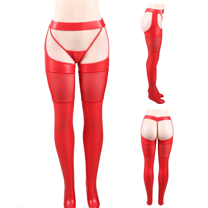 Red Stockings Черные чулки из кожзаменителя с подвязки высокие длинные красные открытые промежности сексуальные чулки для женщин нейлоновые чулки RS80565 - Цвет: Red Stockings