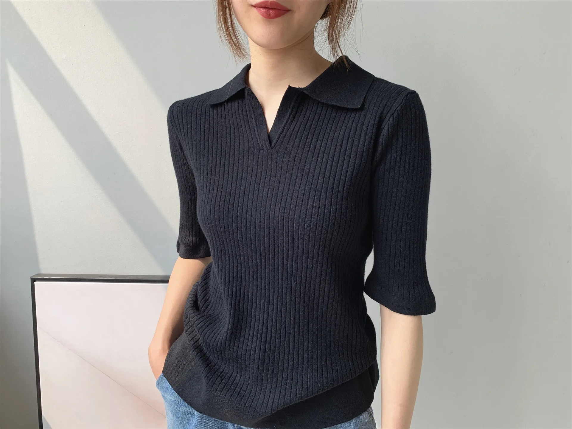 

2019 Spring New Products POLO Lapel Slim Fit Temperament Sleeve Knit Tops Women 8-2062