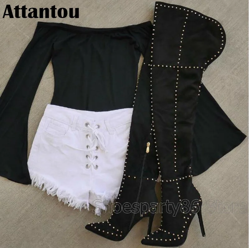 

Fashion designer grid pattern winter over the knee black leather boots women studded metal cones thigh high boots