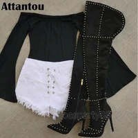 Fashion designer grid pattern winter over the knee black leather boots women studded metal cones thigh high boots