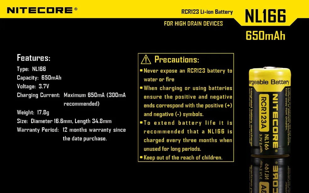 NiteCore NL166 RCR123A(16340) 3,7 V 650 мА/ч, 3A Li-Ion Перезаряжаемые Батарея с PCB защитой