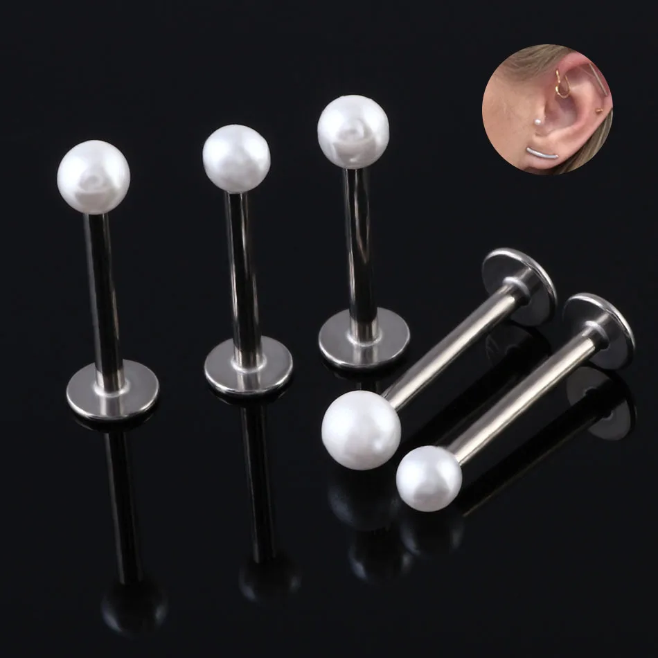 

MOSRSA 2pcs/lot White Pearl Ball Ear Stud Stainless Steel Bar Cartilage Tragus Piercing Labret Rings Body Piercing Jewelry