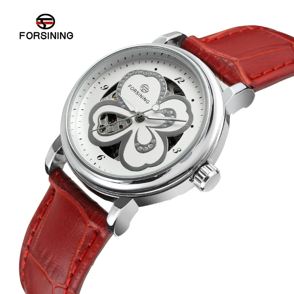 Forsining Women's Watch Skeleton Analog Transparent Crystal Leather StrapFashion Casual Brand Wristwatch Color White FSL8014M3 | Наручные