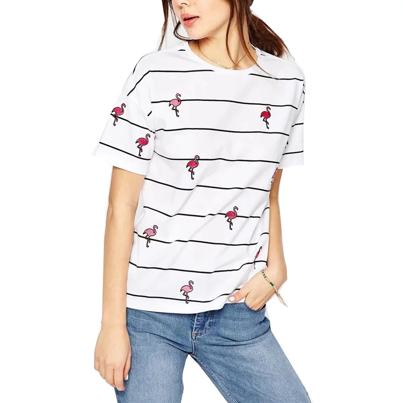 LD Helly женщин Фламинго принтом полосатые футболки женские летние милые уютный