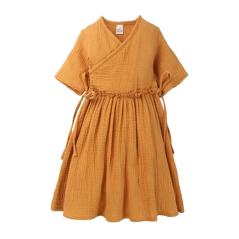 2019 Summer Baby Girl Dress Loose Ruffles Cotton Linen short Sleeve Teens Dresses Casual Kids Outfits Princess Children Clothing | Детская