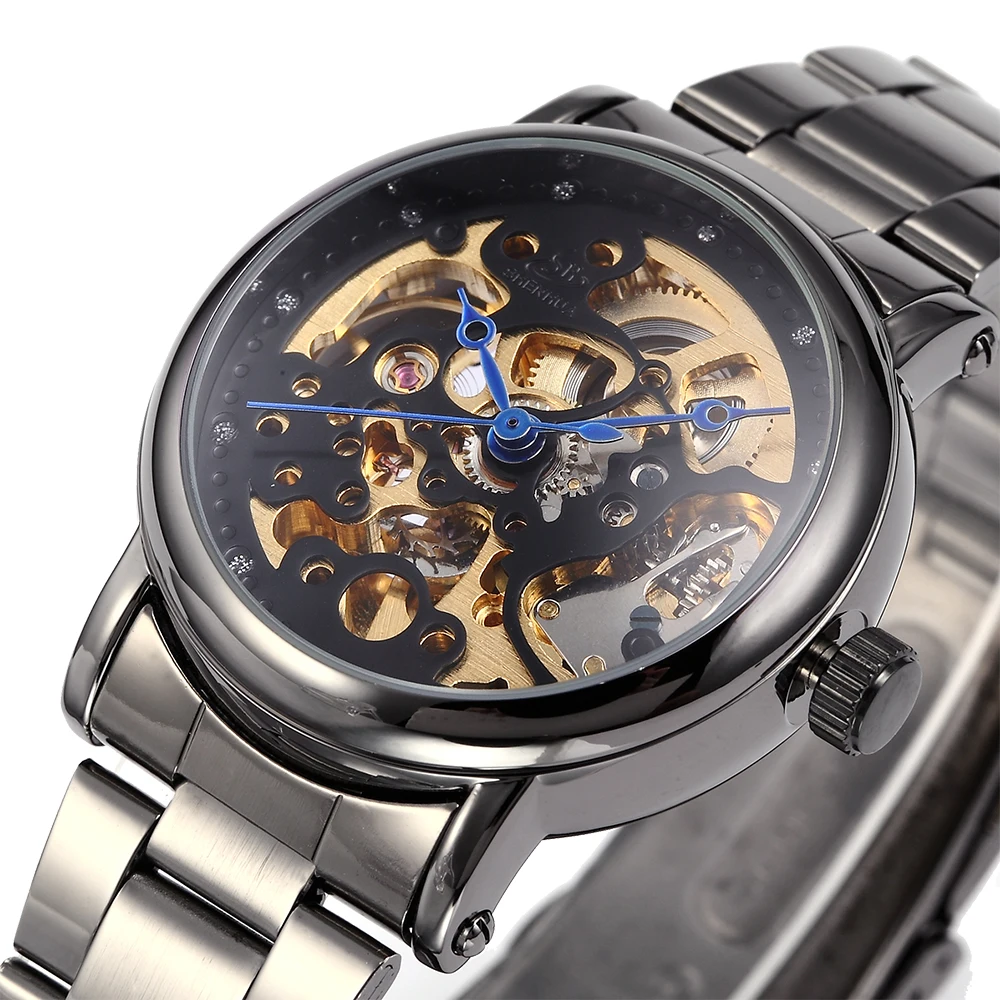 

SHENHUA Skeleton Watch for Women 36mm Case Girl Wristwatch Crystal Stainless Steel Band Autoamtic Mechanical Relogio Feminino