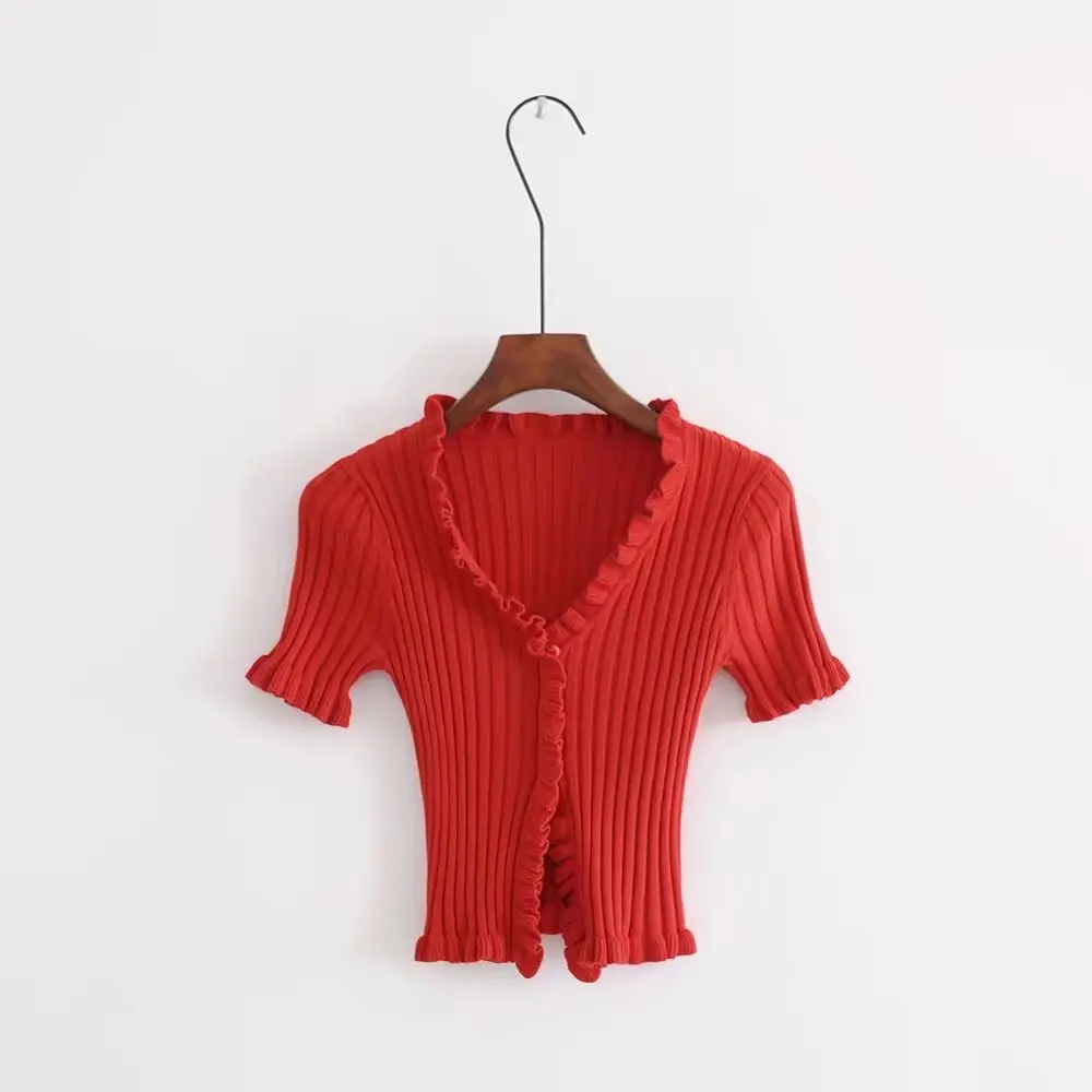 2019 Autumn Knit Sweater Female Women Ruffle Trim Crop Cardigan With Short Sleeve Deep V Neck Casual Jumper Pull Femme |