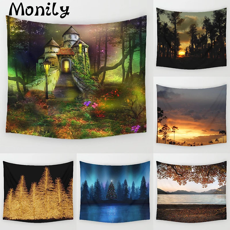 Monily натуральный живописный полиэстер Фэнтези Замок дерево напечатанный